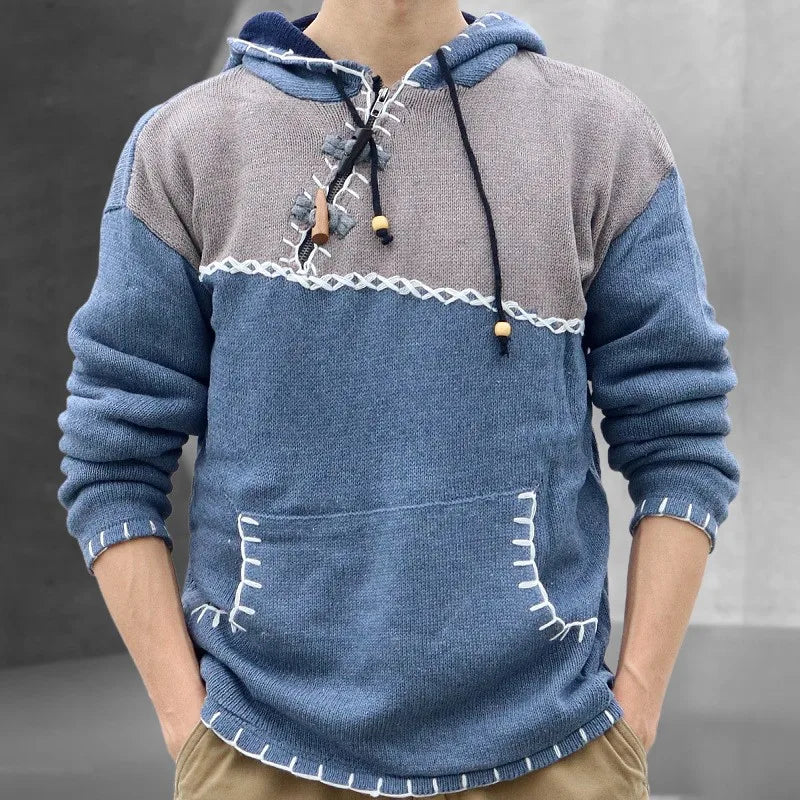 Winter Clothing Men's Patchwork Knitted Hooded Pullover Sweater
