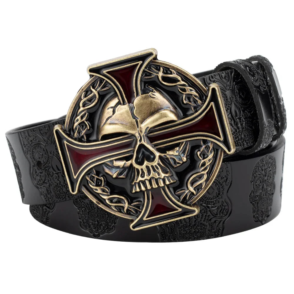 Skull Leather Belt Embossed Pattern Cowskin Fashion Buckle