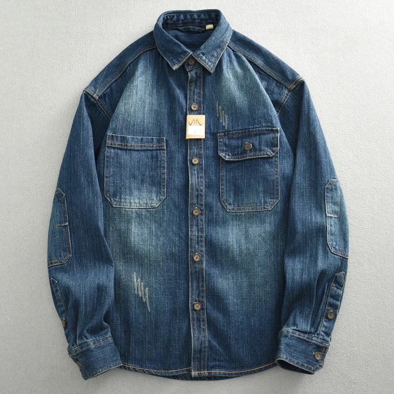 Heavyweight Washed Denim Men's Shirt Retro American Casual