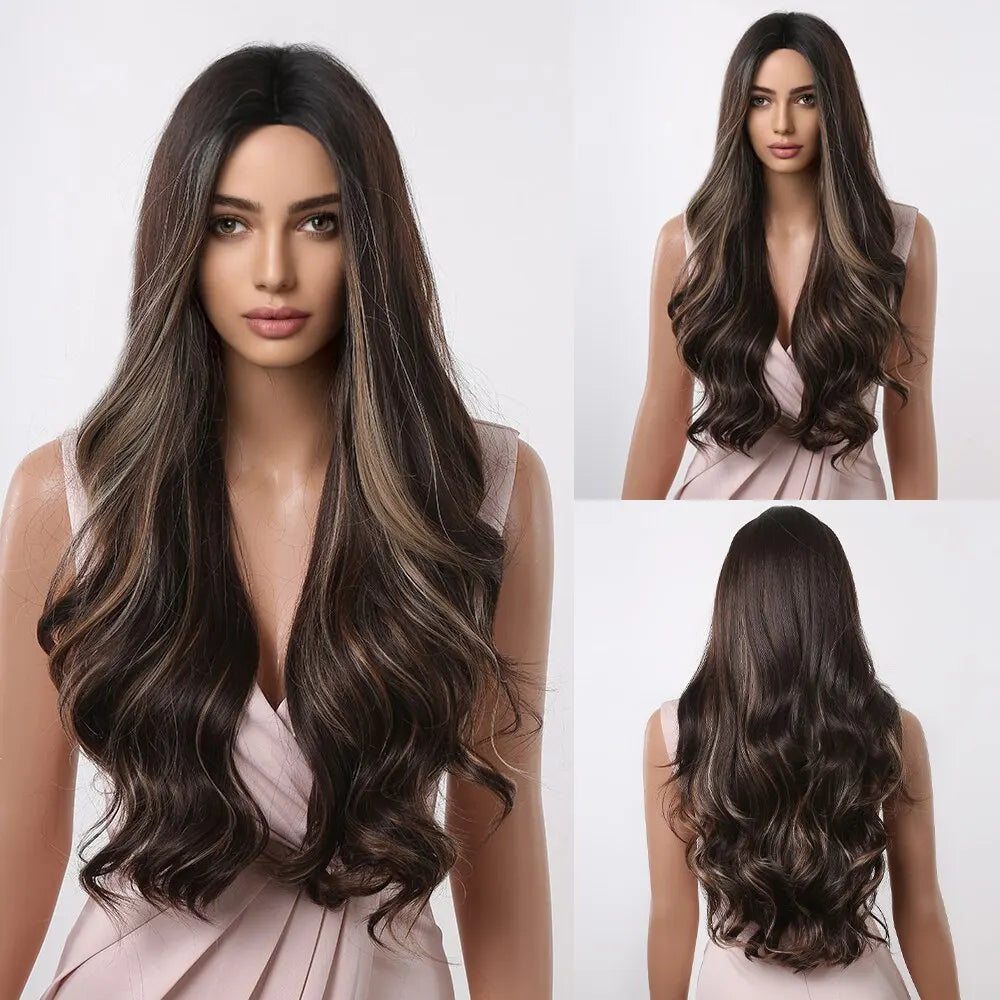 HAIRCUBE Long Brown Curly Wavy Wig for Women