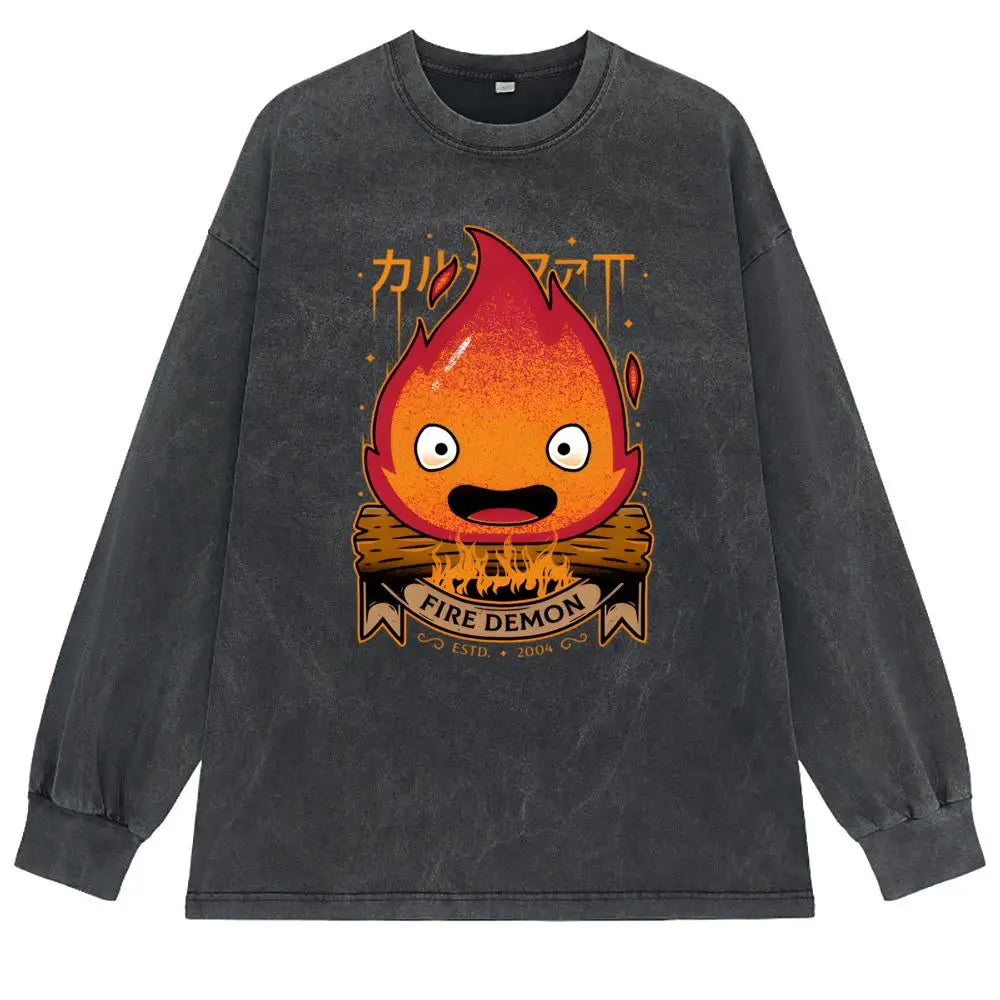 Calcifer Demon T Shirt Hip Hop Fall Washed