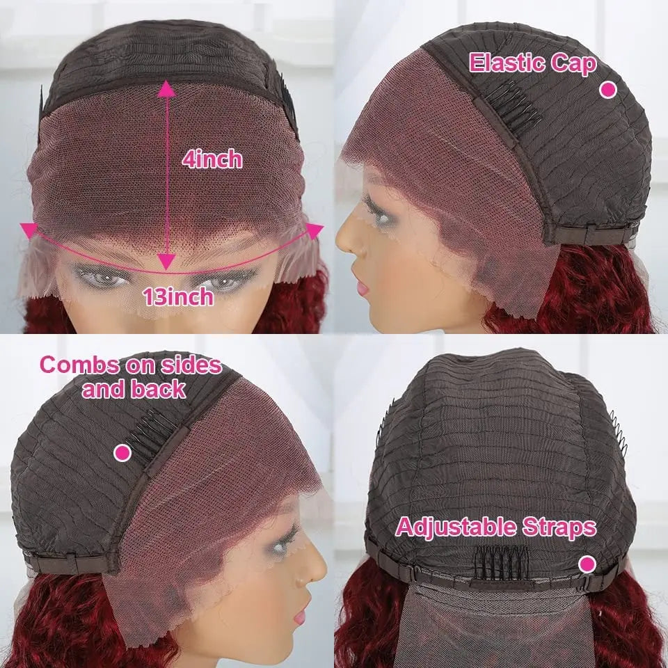 13x4 Transparent Deep Wave Lace Frontal Wig Burgundy
