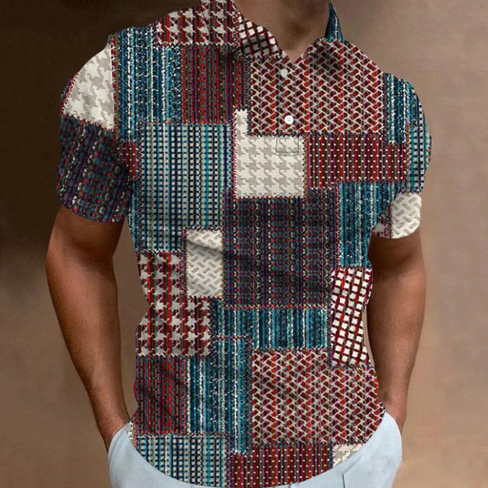 Men's Retro Polo Shirt 3D Plaid Print Top
