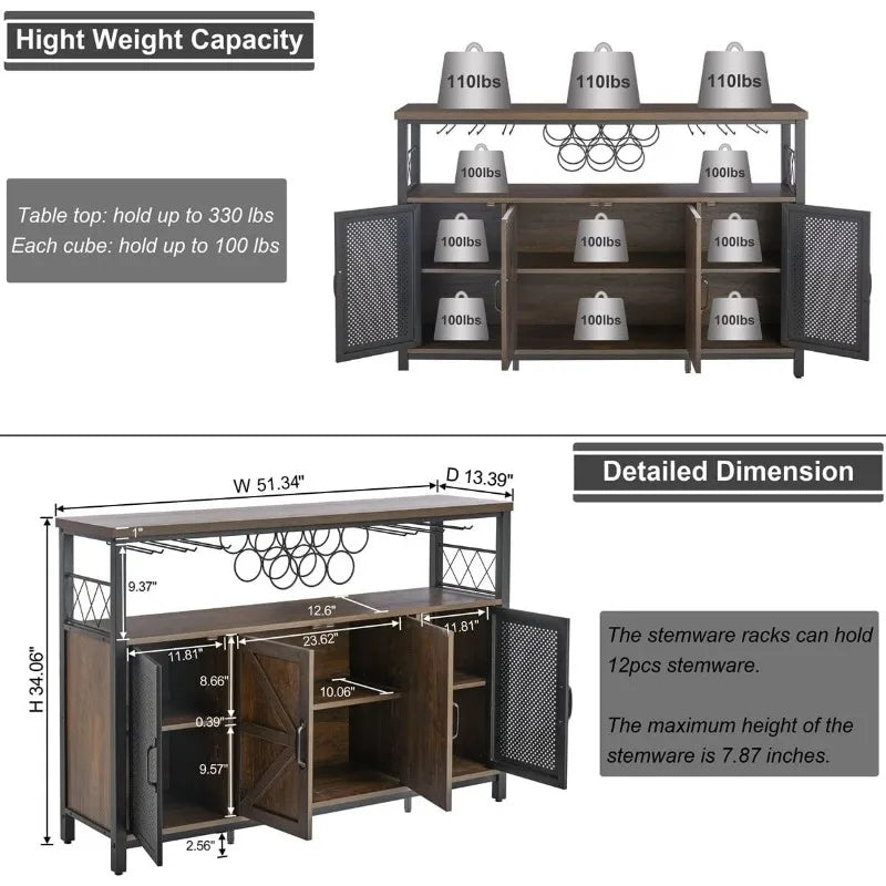 Industrial Wine Bar Cabinet for Liquor and Glasses,
