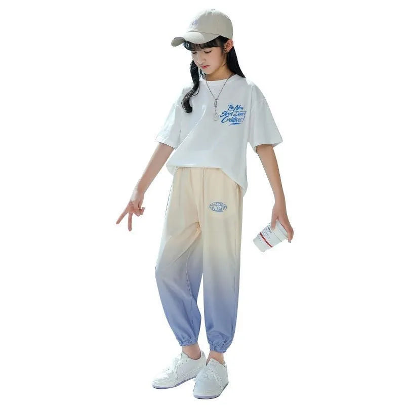 Girls Summer Trend Sports 2pcs Ice Silk T-shirts+Ninth