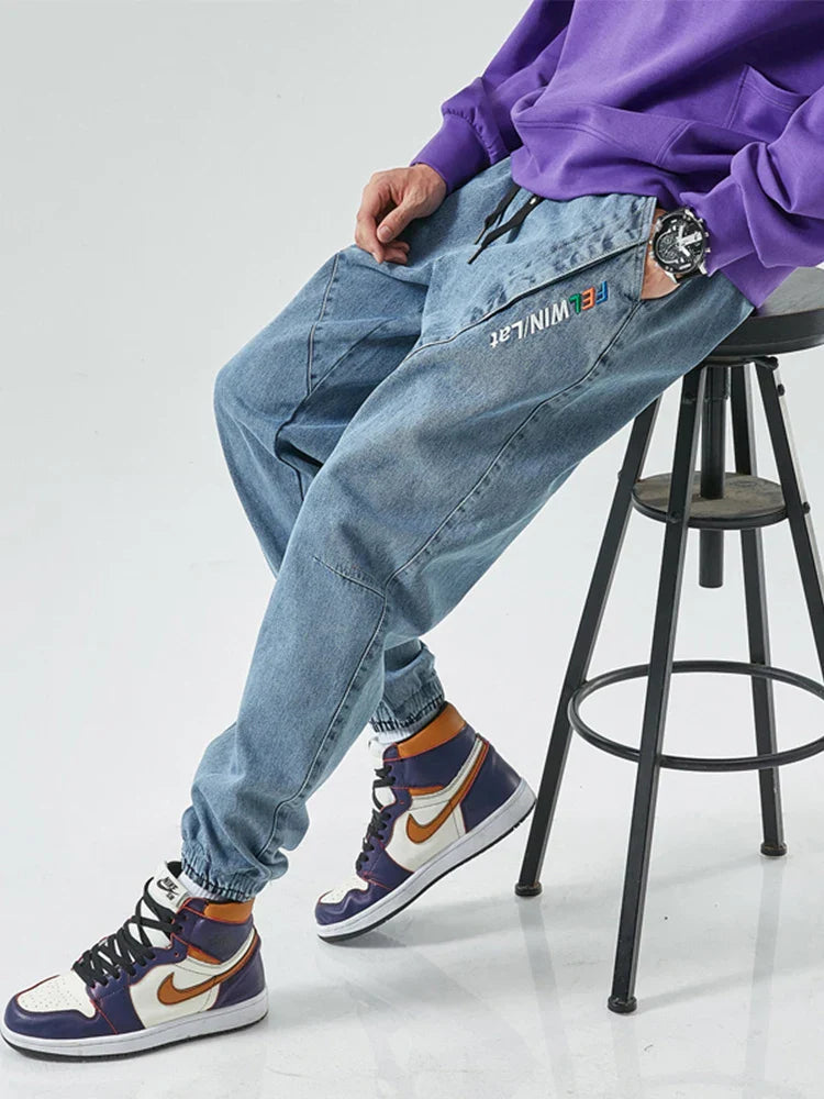 Spring Summer Drawstring Cargo Jeans Men Black Denim