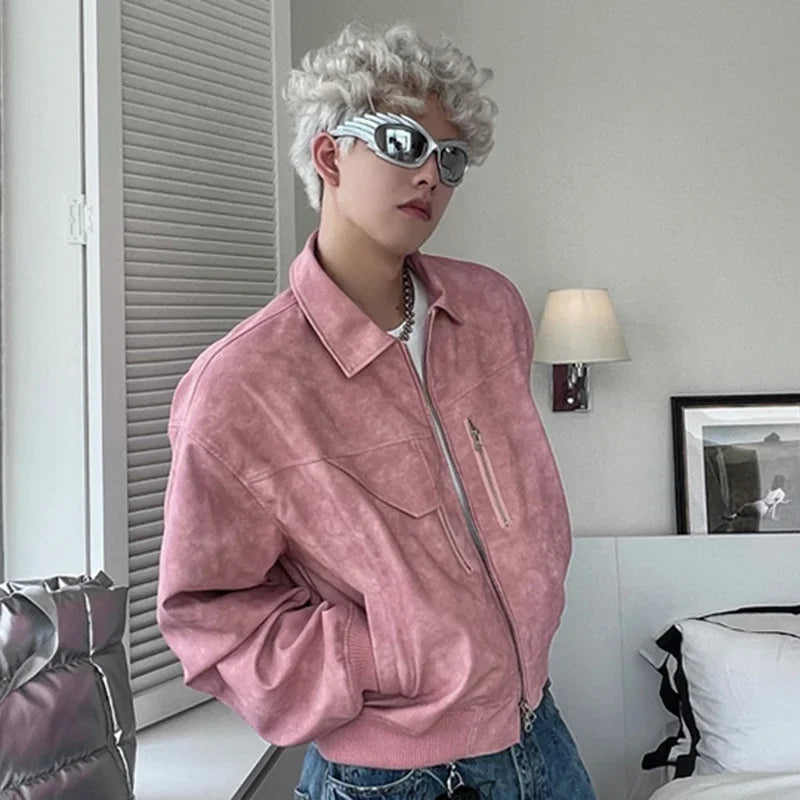 Mens Cropped PU Leather Jacket Fashion Turn-down Collar