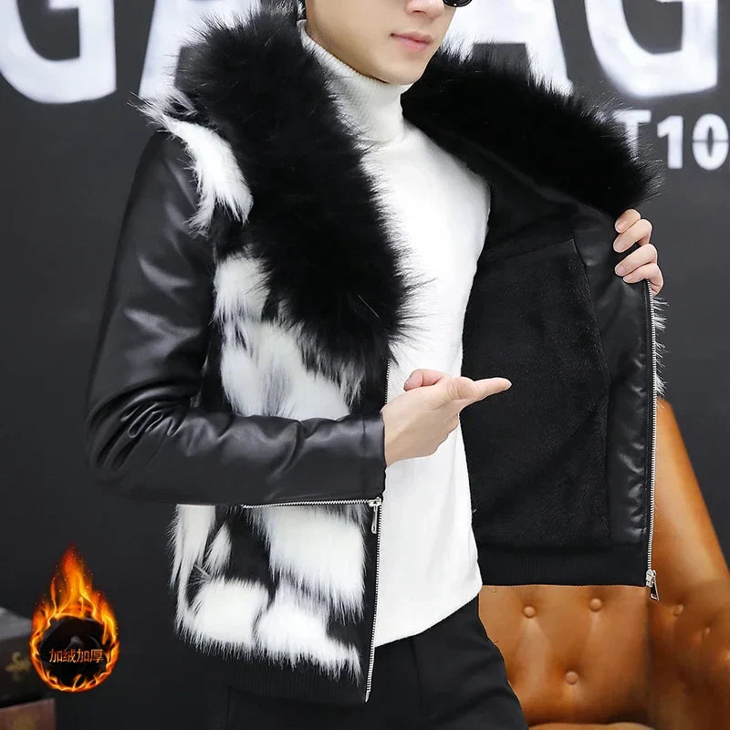 HOO 2024 Men's Cool Fur Collar Leather Coat