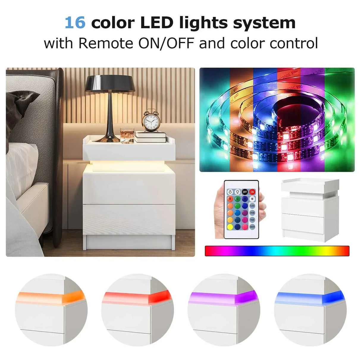 White LED Nightstand LED Bedside Table with High