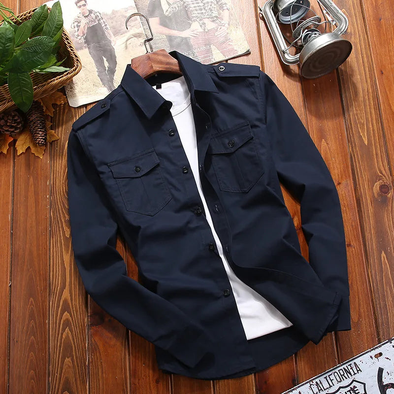 Men's Shirts Military Casual Shirt Cotton Khaki Retro