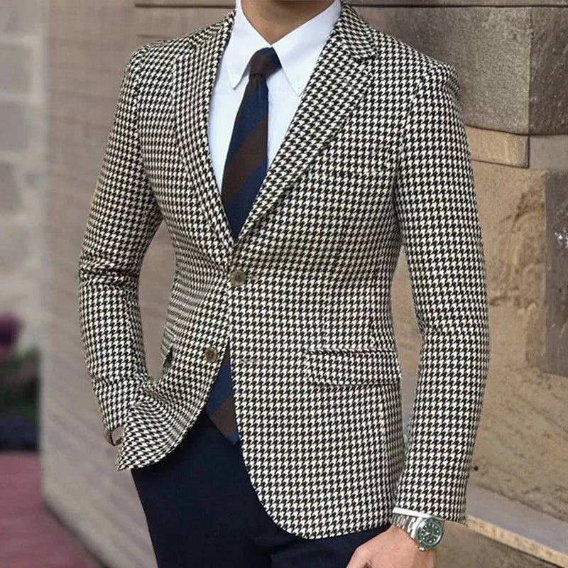 Houndstooth Plaid Blazer for Men One Piece Suit