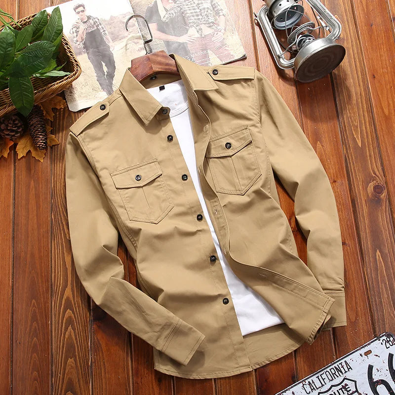 Men's Shirts Military Casual Shirt Cotton Khaki Retro
