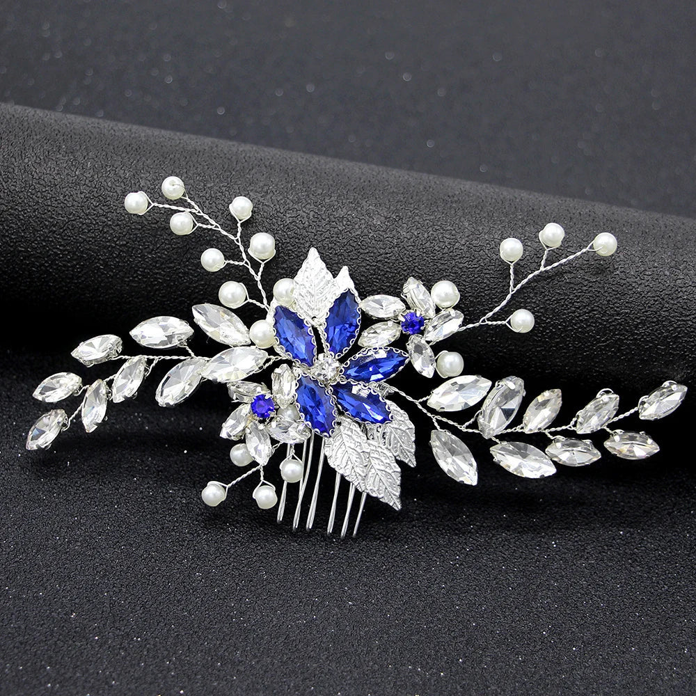 Blue Crystal Hair Comb Bride Tiaras For Women