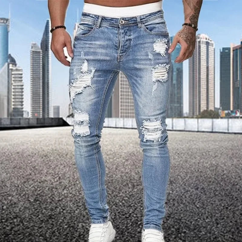 2024 New Ripped Skinny Jeans Men Vintage Wash
