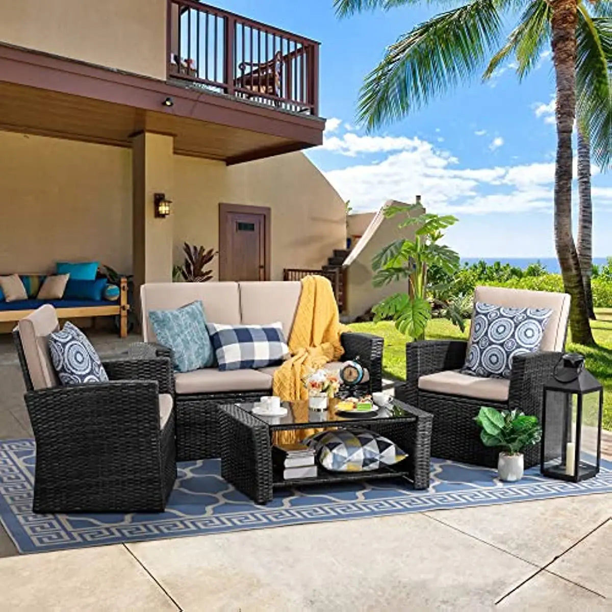 Shintenchi 4-Piece Outdoor Patio Furniture Set, Wicker Rattan