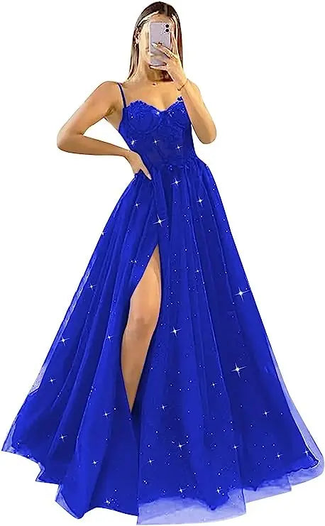 Shiny Tulle Evening Dress 2023 Sexy Black VNeck