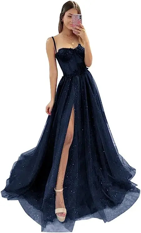 Shiny Tulle Evening Dress 2023 Sexy Black VNeck