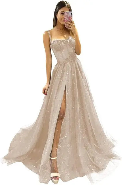 Shiny Tulle Evening Dress 2023 Sexy Black VNeck