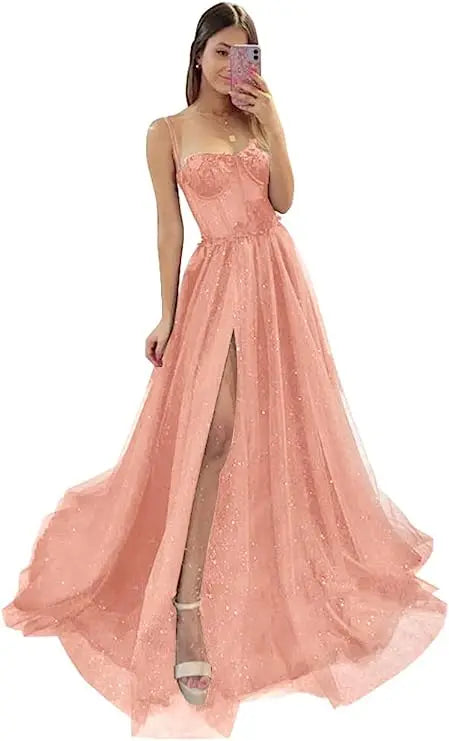 Shiny Tulle Evening Dress 2023 Sexy Black VNeck