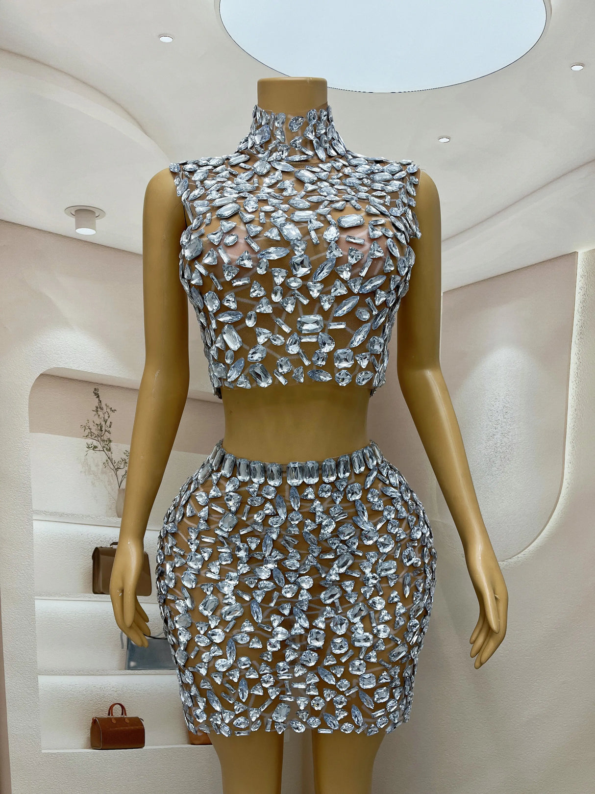 Silver Big Rhinestones Shining Top Skirt Set Sexy