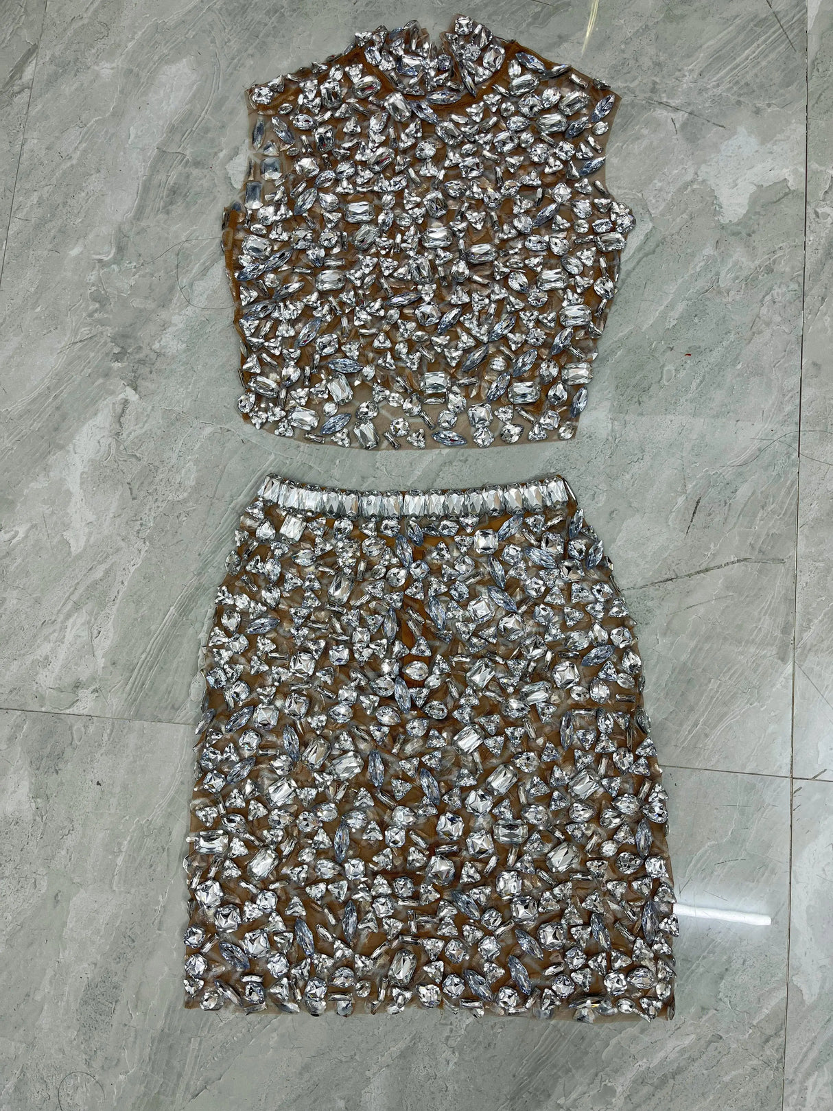 Silver Big Rhinestones Shining Top Skirt Set Sexy