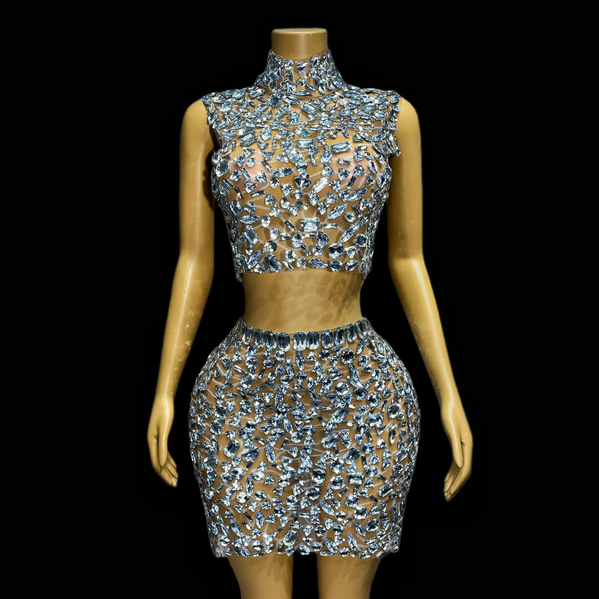 Silver Big Rhinestones Shining Top Skirt Set Sexy
