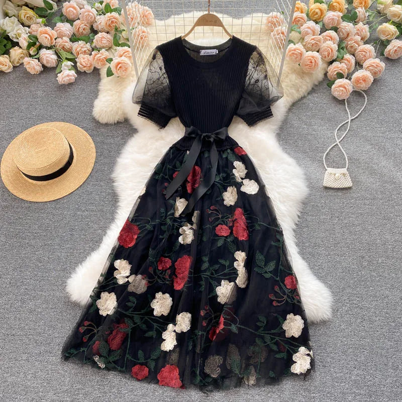 Smlinan Summer Patchwork Embroidery Floral Mesh Dress Women