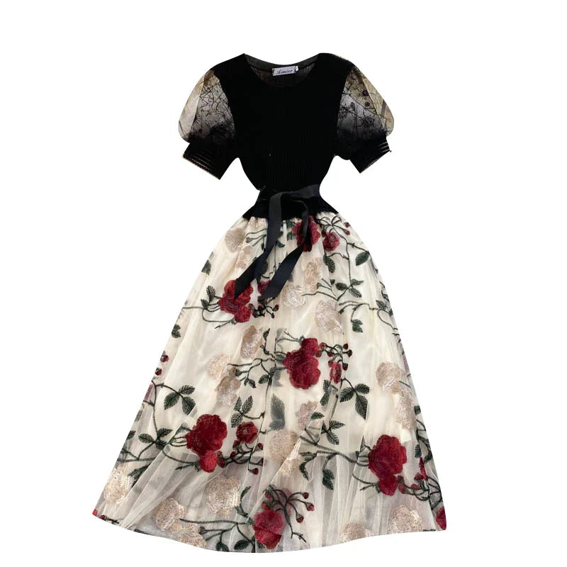 Smlinan Summer Patchwork Embroidery Floral Mesh Dress Women