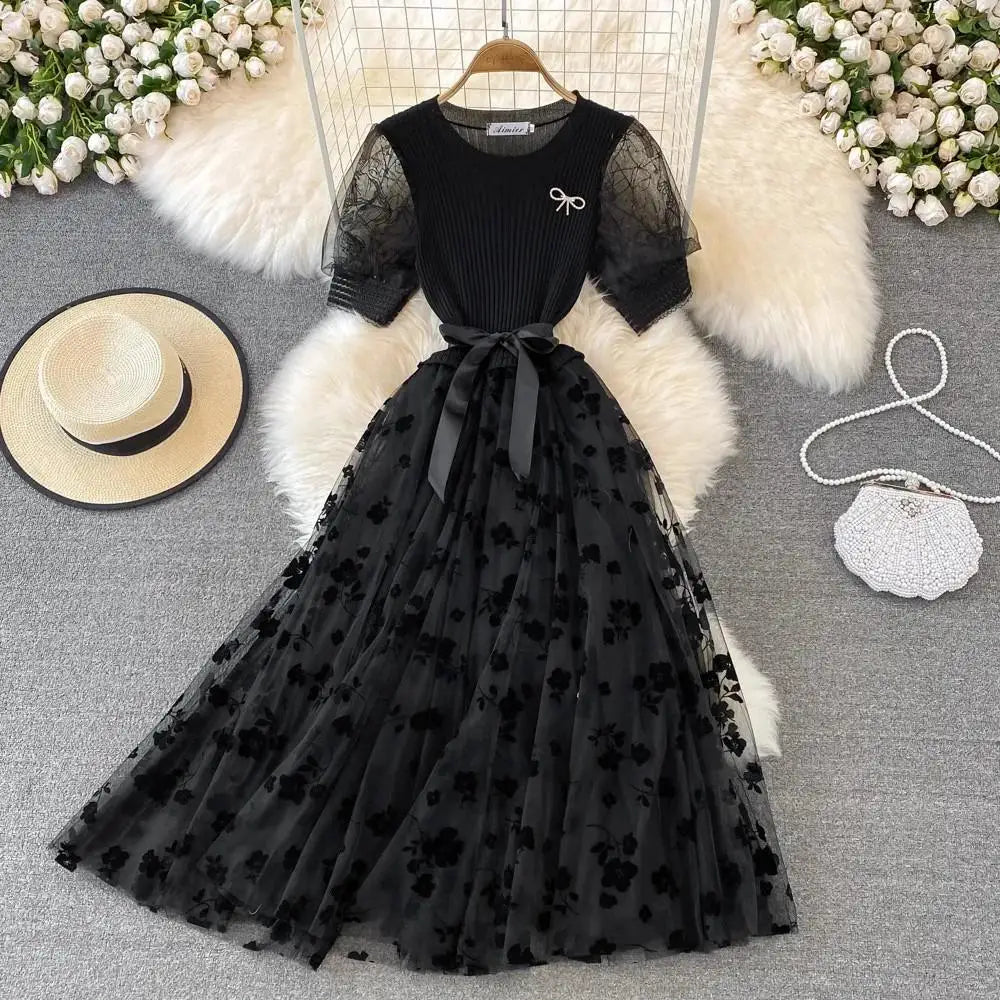 Smlinan Summer Patchwork Embroidery Floral Mesh Dress Women