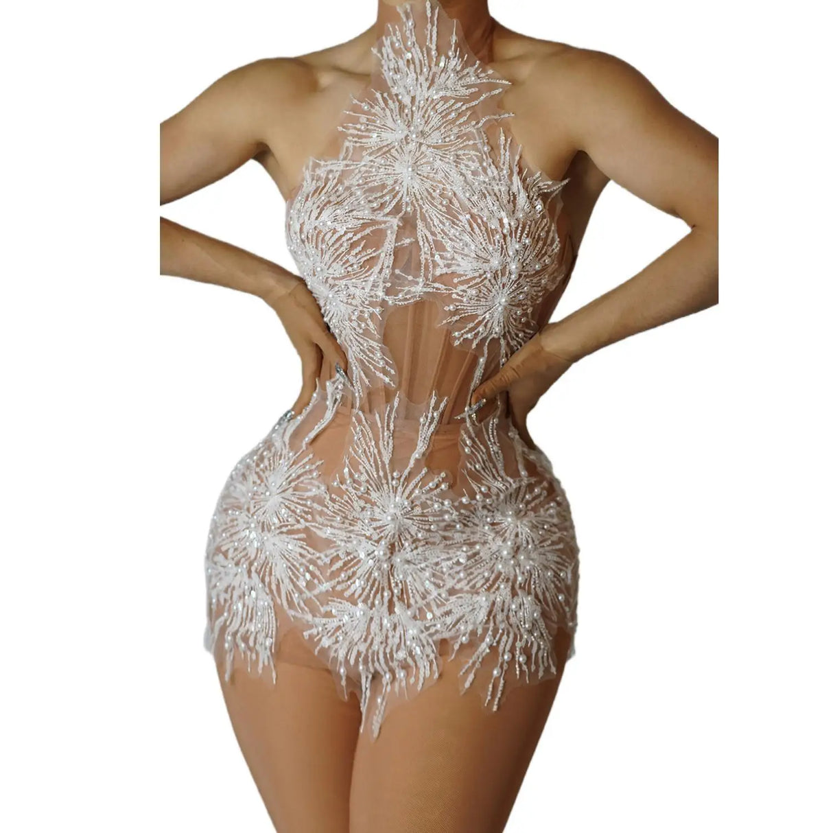 Sparkly Rhinestones Pearls Snow Short Dress Elegant Celebrate