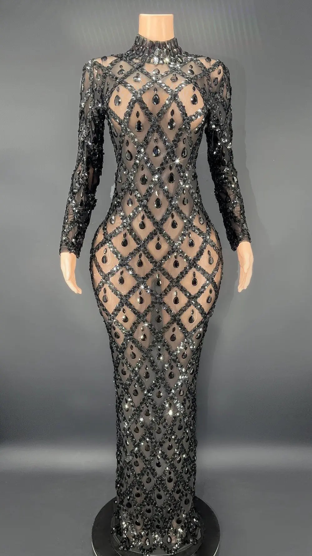 Sparkly Silver Big Rhinestone Transparent Long Dress Evening