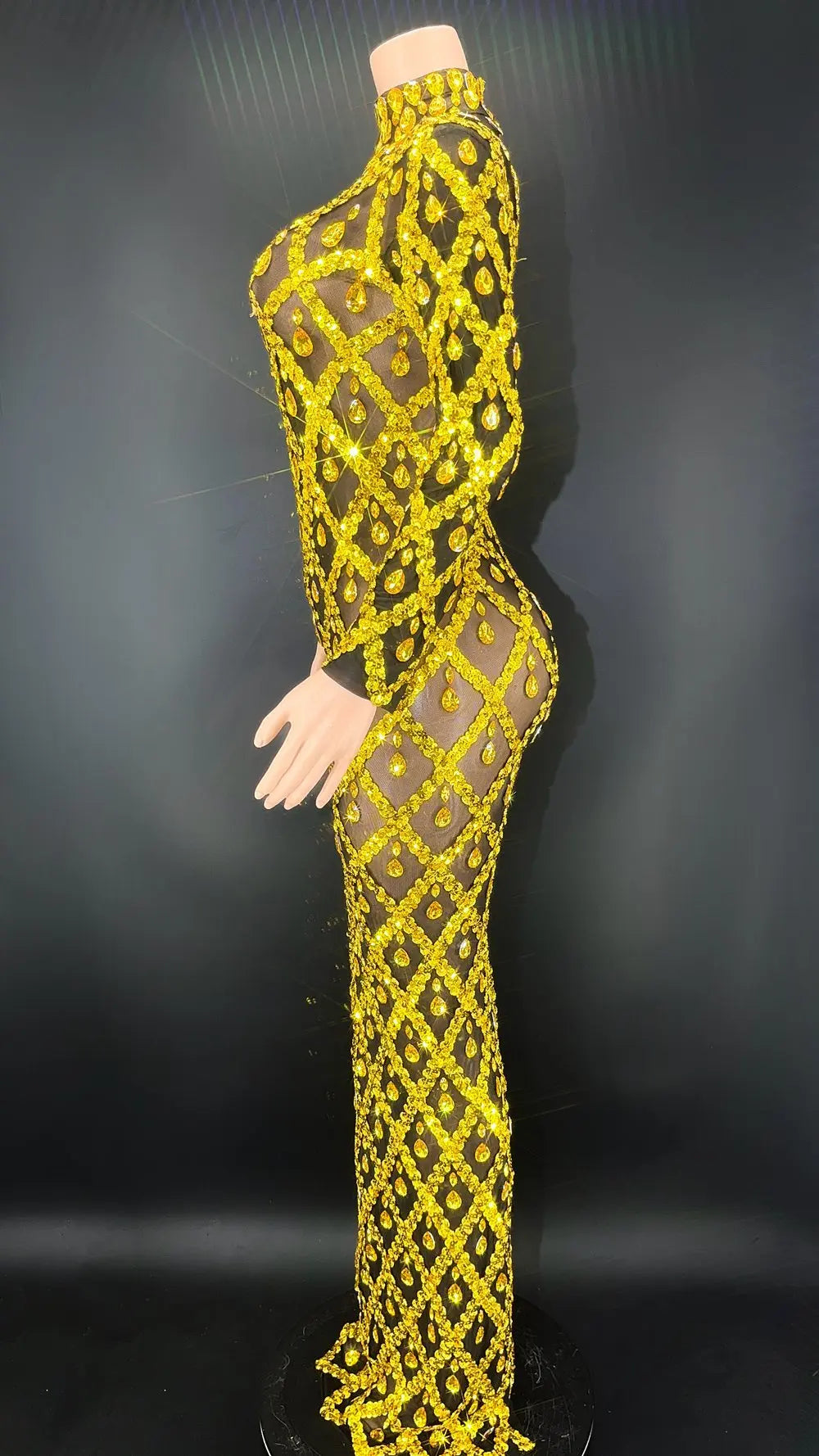 Sparkly Silver Big Rhinestone Transparent Long Dress Evening