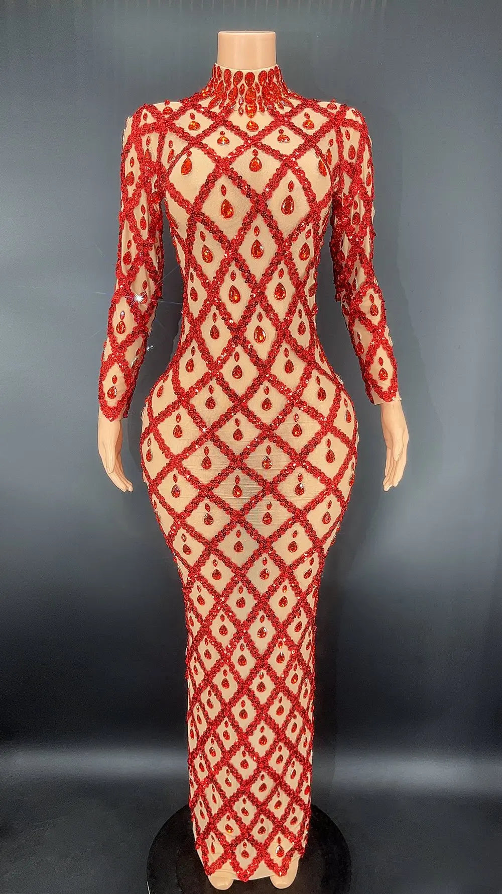 Sparkly Silver Big Rhinestone Transparent Long Dress Evening