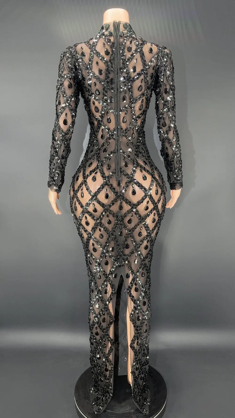 Sparkly Silver Big Rhinestone Transparent Long Dress Evening