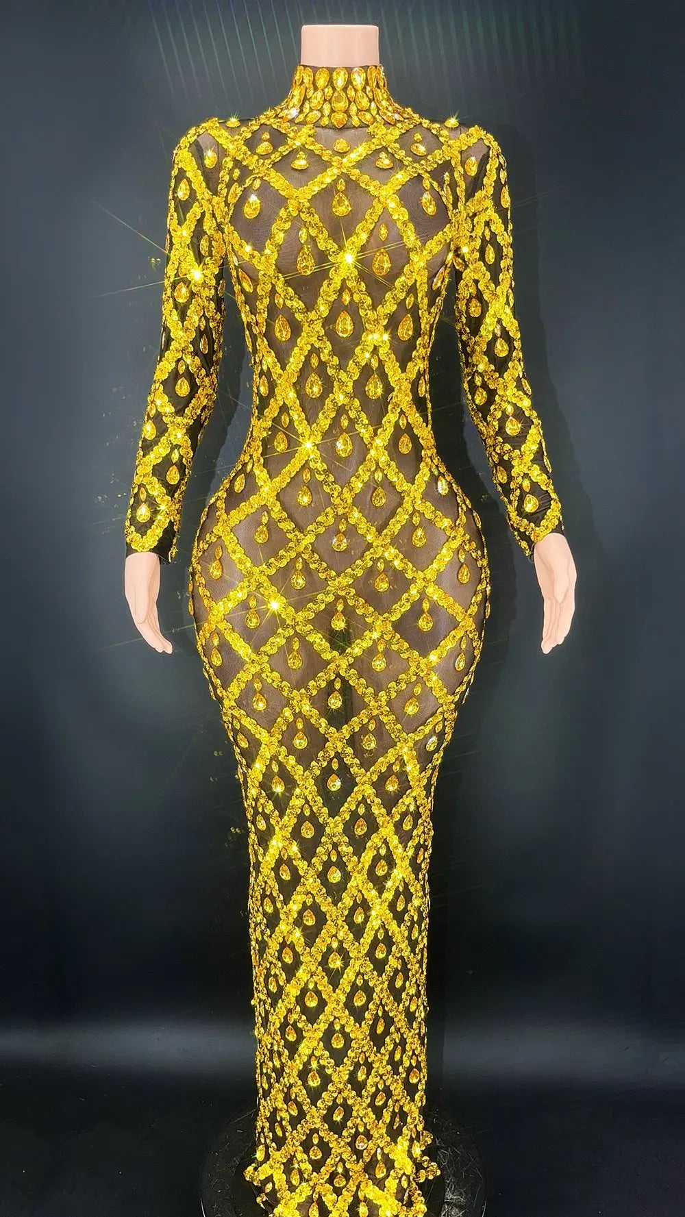 Sparkly Silver Big Rhinestone Transparent Long Dress Evening