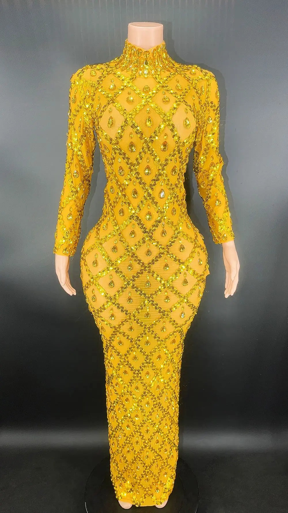 Sparkly Silver Big Rhinestone Transparent Long Dress Evening