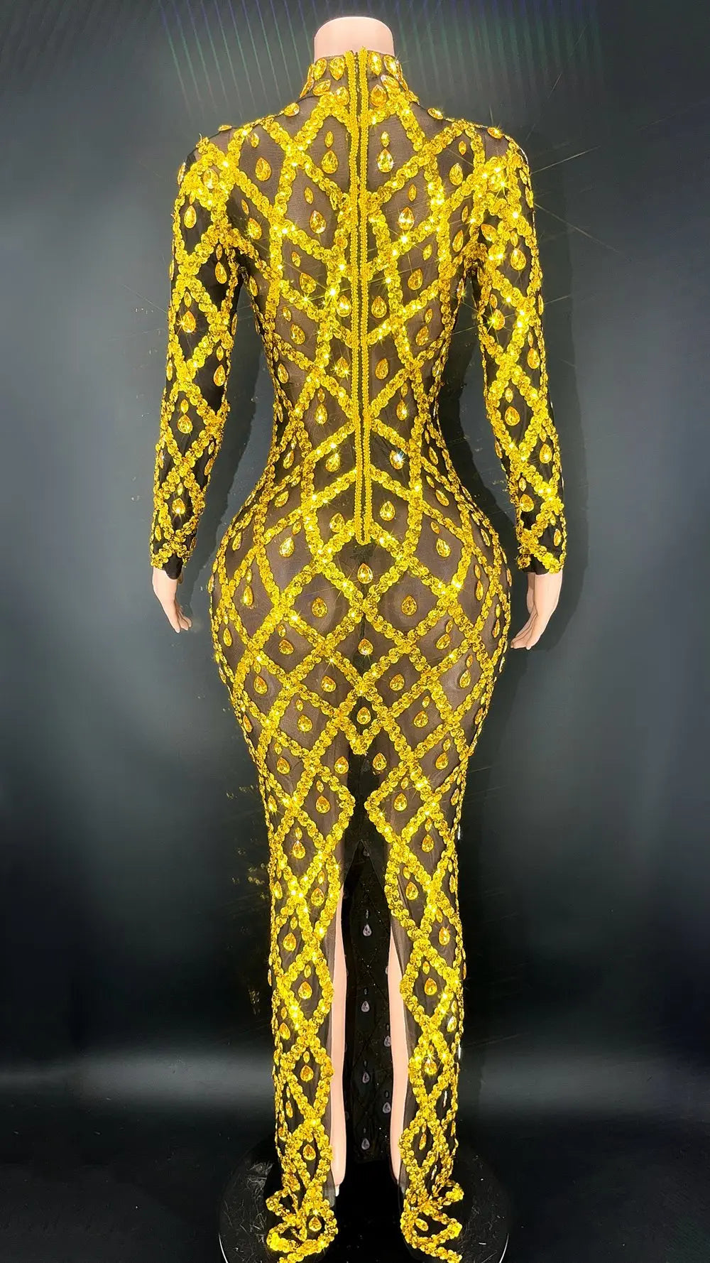 Sparkly Silver Big Rhinestone Transparent Long Dress Evening