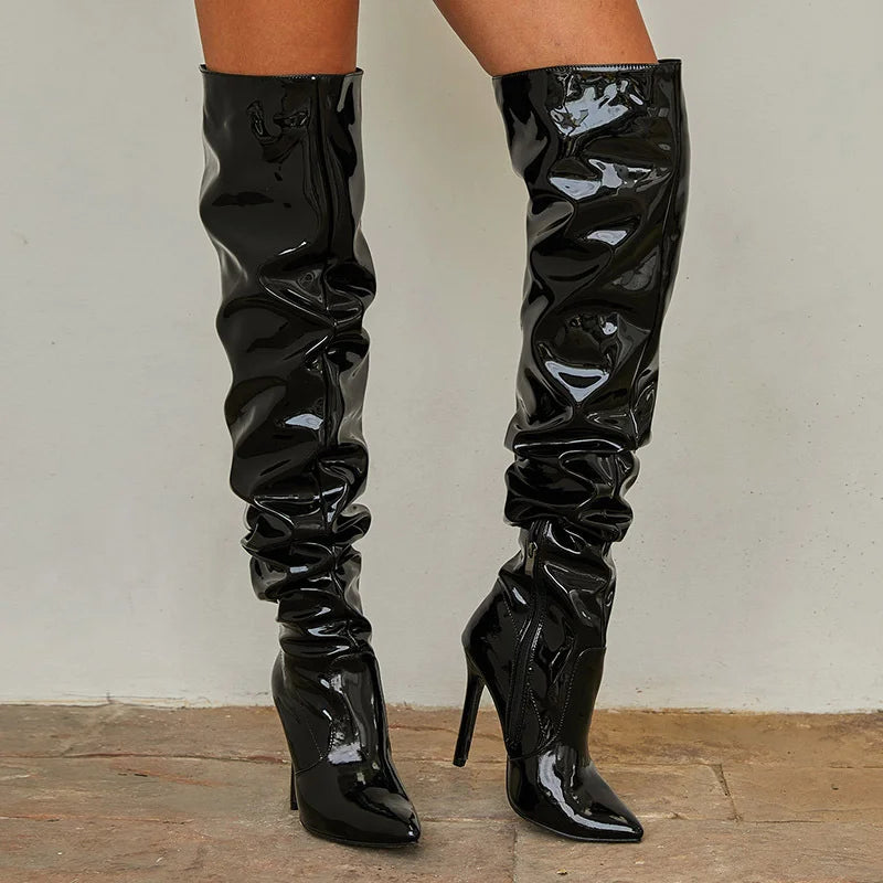 Stretch Overtheknee Boots Women Fashion Pointed Toe Black
