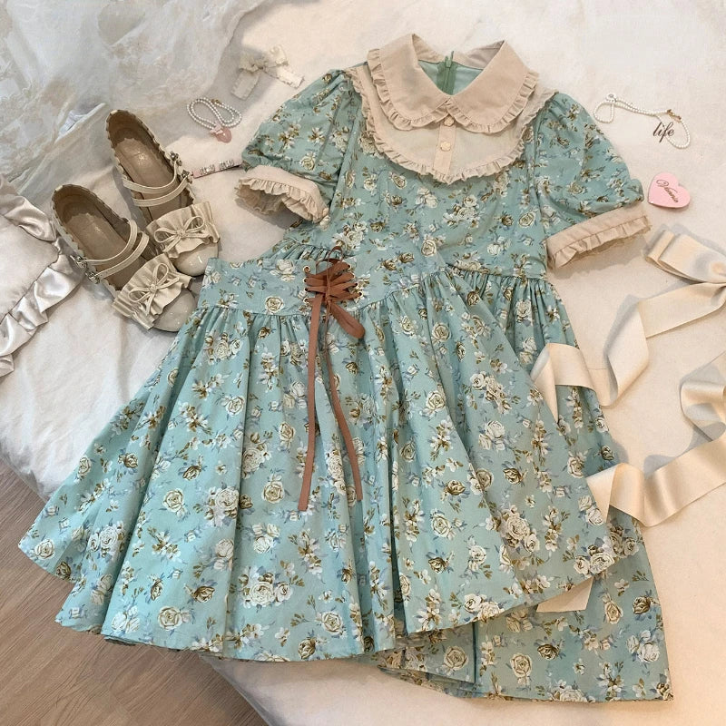 Summer Green Kawaii Mini Dress Women Sweet Ruffles