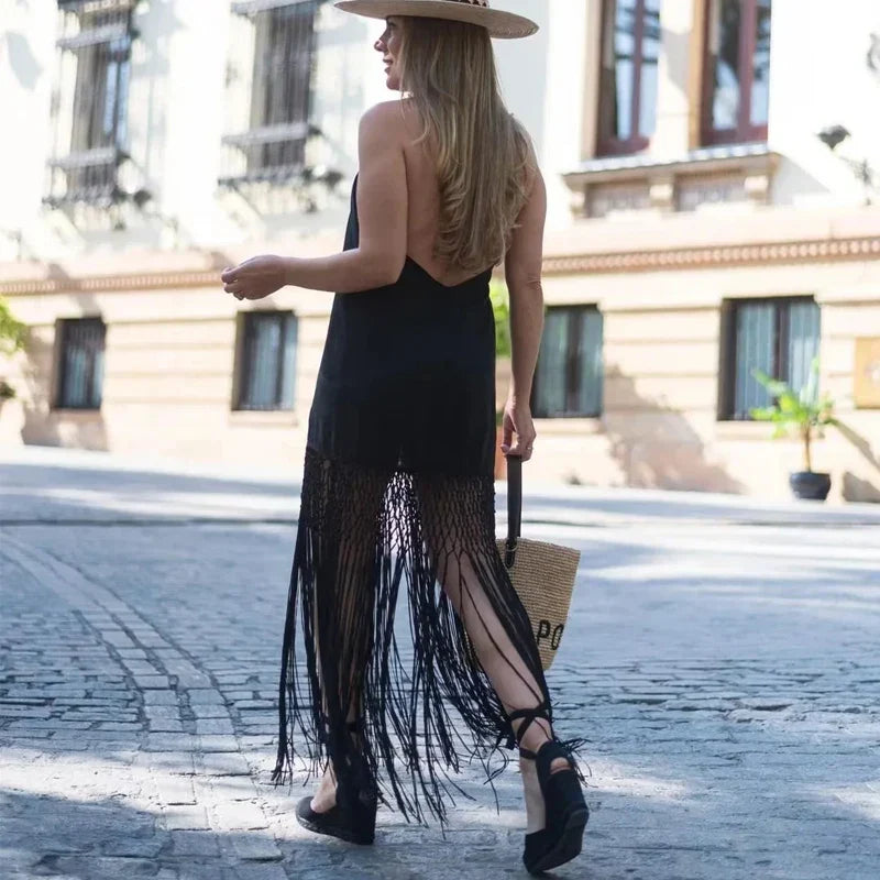 TRAF Fringing Halter Dresses for Women 2023 Black