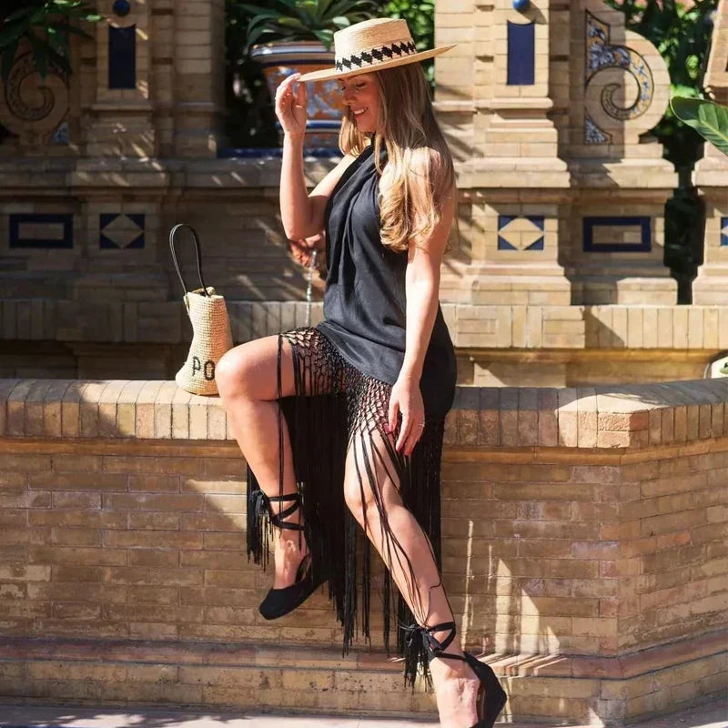 TRAF Fringing Halter Dresses for Women 2023 Black