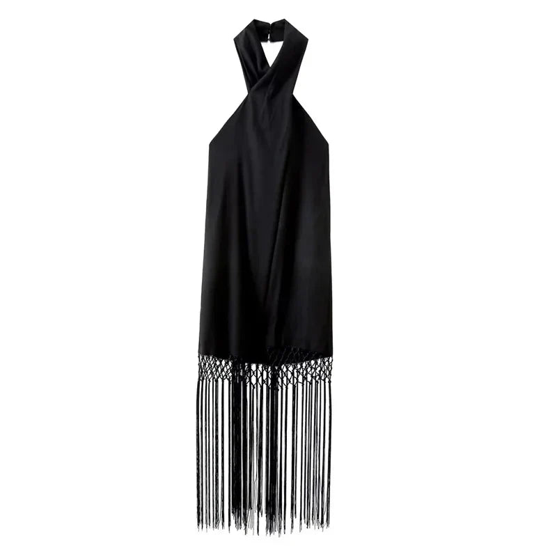 TRAF Fringing Halter Dresses for Women 2023 Black