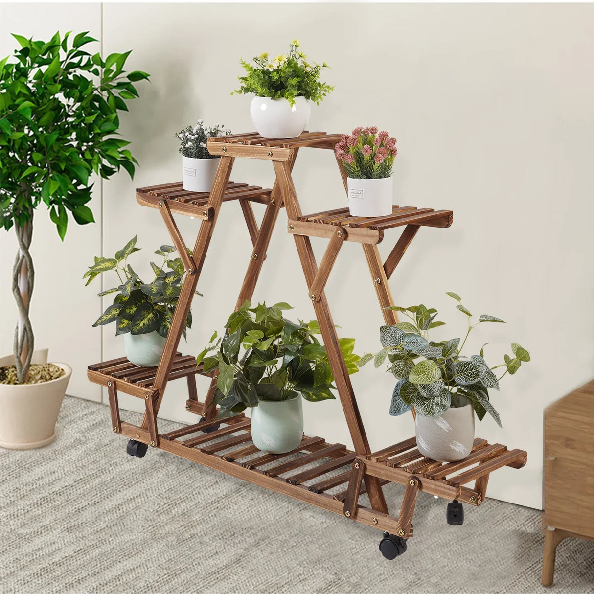 Triangular Plant Shelf 6 Potted Carbonized Wood Plant