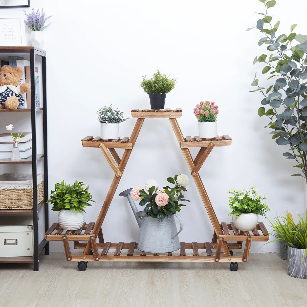 Triangular Plant Shelf 6 Potted Carbonized Wood Plant