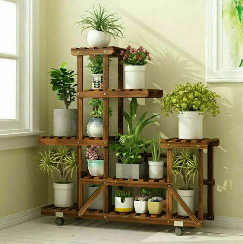 UNHO Wooden Plant Stand with Wheels Multi-Layer Rolling