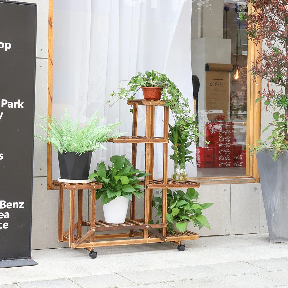 UNHO Wooden Plant Stand with Wheels Multi-Layer Rolling
