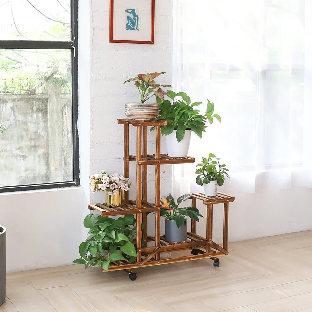 UNHO Wooden Plant Stand with Wheels Multi-Layer Rolling