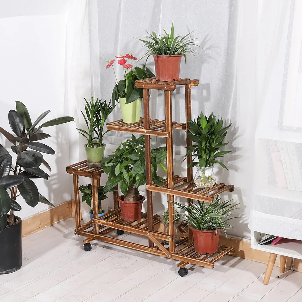 UNHO Wooden Plant Stand with Wheels Multi-Layer Rolling