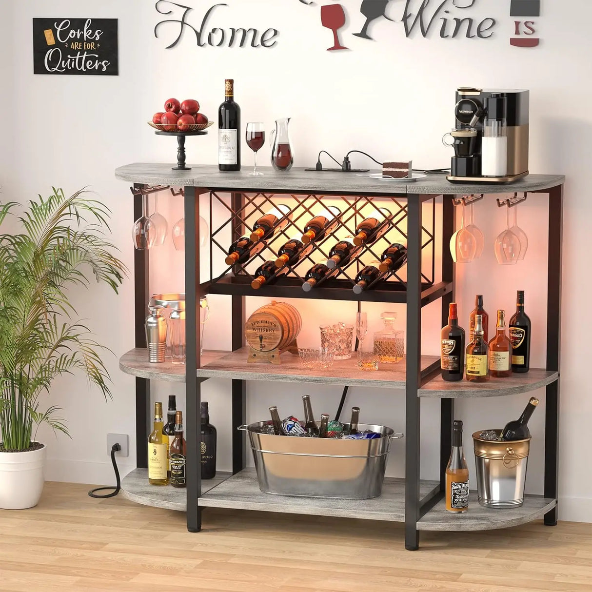 Unikito 4-Tier Metal Coffee Bar Cabinet with Outlet