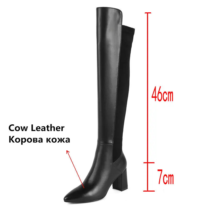 Vintage Female Over The Knee High Boots 2023 Fall Winter Newest Working Party Classic Basic Cow Leather Women's Shoes